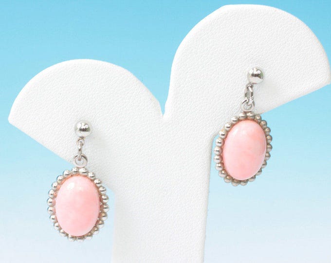 Pink Oval Dangle Earrings Silver Tone Bead Edging Posts Vintage