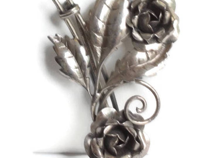 Retro Double Flower Sterling Brooch 1940s Vintage