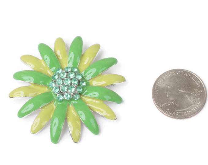 Vintage Green Enameled Flower Brooch Pendant Two Tone Green Rhinestones Flower Power Figural