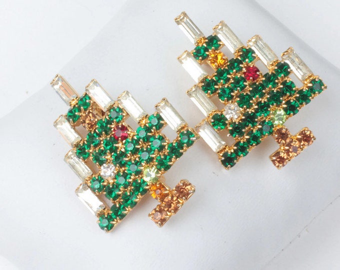 Two Rhinestone Christmas Tree Pins Baguettes Chatons Smaller Size Vintage