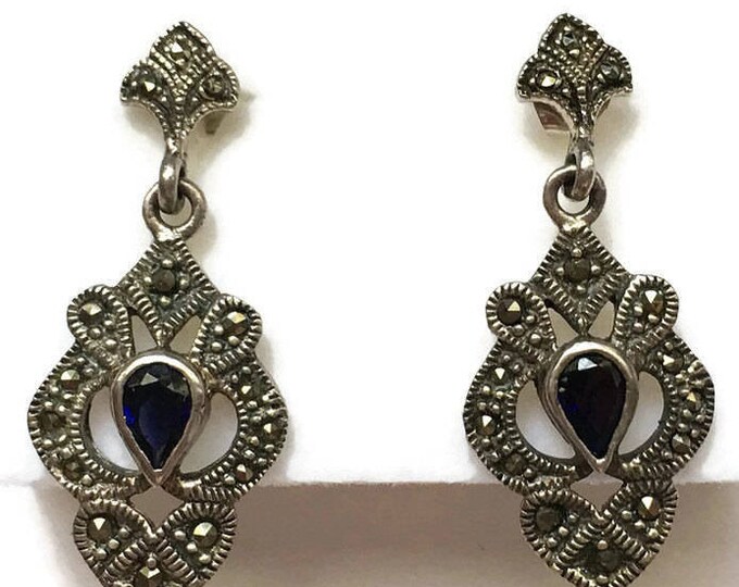 Sterling Marcasite and Blue Gemstone Dangle Earrings Posts Vintage Signed Marsala