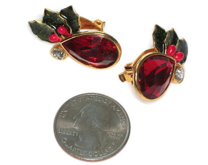 Avon Red Rhinestone Holly Earrings Enameled Leaves and Berries Clip On Style Christmas Holiday