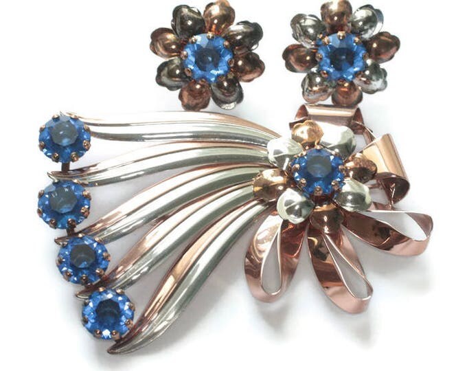 Vermeil Sterling Blue Stone Set Retro 1940s Brooch Earrings Ribbons Bow Design Original Box