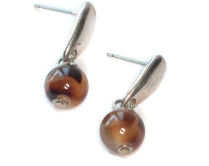 Faux Tortoise Shell Dangle Earrings Lucite Drops Dangles Silver Tone Posts Pierced Vintage