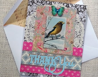 THANK YOU - original vintage bird picture - Boho chic - blank greeting card - NO056