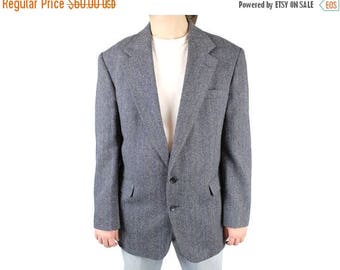 ON SALE Herringbone Tweed Blazer 43L 44L Vintage Slate Blue Gray Wool Jacket Coat Haggar Free Us Shipping