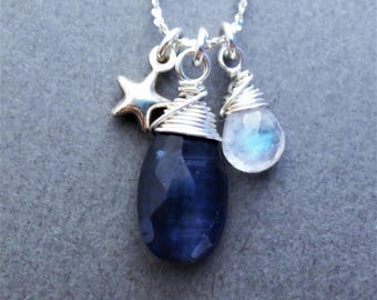 Blue Kyanite Rainbow Moonstone Star Charm Sterling Silver Necklace EE Designs