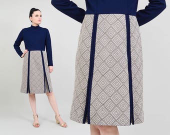 60s Navy Blue Knit Dress | Mock Turtleneck Dress | 1960s Mod Geometric Dress | Long Sleeve Knee Length Dress Butte Knit Dress | Medium M