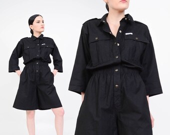 80s Black Romper | Utilitarian Jumper | 1980s Cotton Playsuit | One Piece High Waist Shorts Romper | Black Ideas Jumpsuit | Small S
