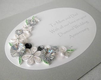 Quilled 60th diamond wedding anniversary card, handmade, paper quilling