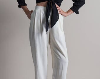 Vintage 90s Ivory White Silk Trousers | M