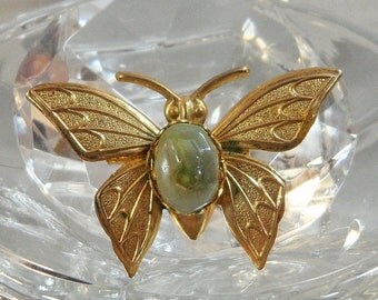 SALE Vintage Butterfly Brooch. Green Blister Pearl. Gold Tone. Bug. Insect.