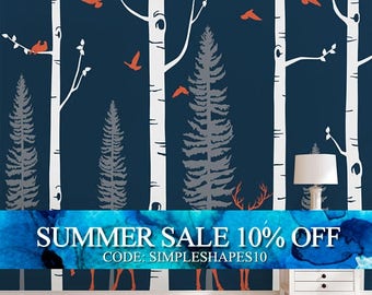 Birch Tree Wall Decal with Birds and Deer, Baby Nursery Wall Stickers, Nursery Wall Decals, Forest with Birds and Deers Stickers W1121