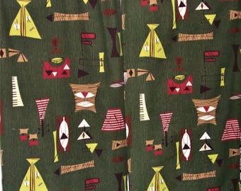 Two vintage mid century modern barkcloth drapery curtain panels, atomic abstract Eames era!