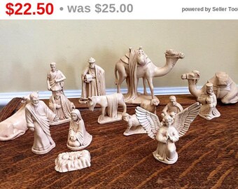 Vintage Handmade Ceramic Bisque Nativity Figures Set of 15 Ivory