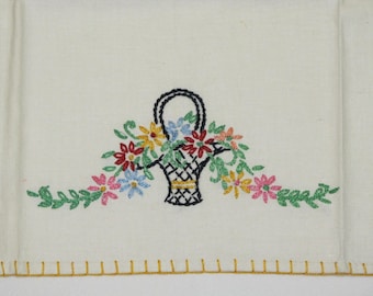 Vintage Linen Embroidered Basket Kitchen Towel Green Stripe