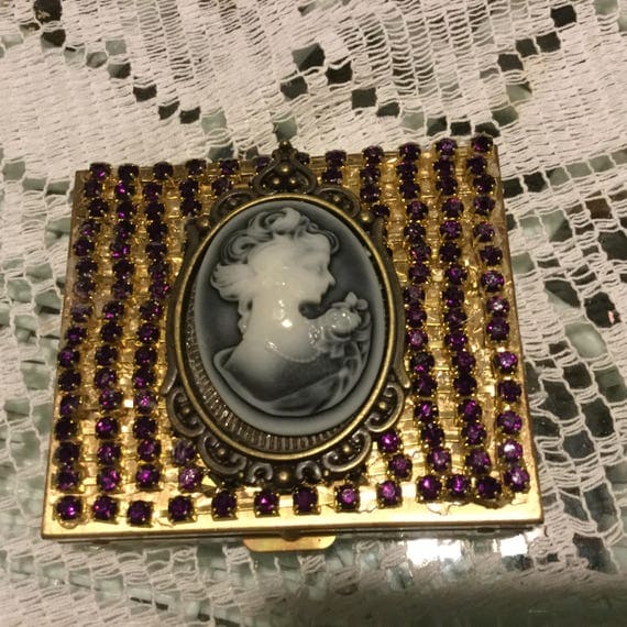 Jeweled rhinestone pill box 3 inches altered in lavender