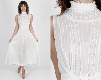 Edwardian Dress Victorian Dress White Wedding Dress Lace Wedding Dress Maxi Dress Vintage 1900s Antique Embroidered Dress Bridal Gown XS