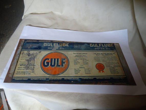 Unrolled Gulf Gulflube Motor Oil One Quart Tin Can or Sign