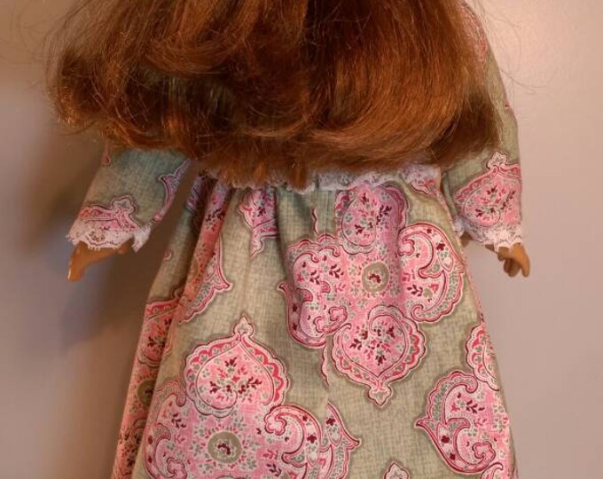 Pink and green medallion print colonial, dress and bloomers for 18 inch dolls