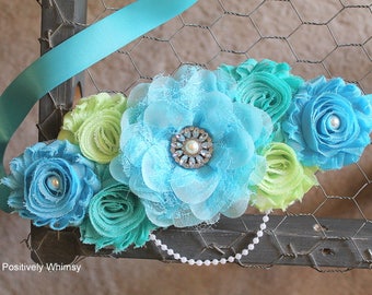 Maternity Sash, Boy Maternity Sash, Blue Maternity Sash, Green Sash, Maternity Flower Sash, Turquoise, Celery Green, Tropic, White, RTS