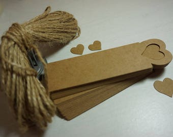 50 Rectangular Kraft Gift Tags 9.4cm x 2.5cm with Heart die cut ~ Blank DIY + Jute String ~ *Weddings *Baby Showers
