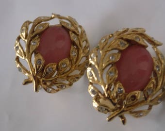 Vintage earrings, signed "Butler" earrings, pink glass and crystal leaves clip-on earrings, retro 1950s earrings, designer jewelry