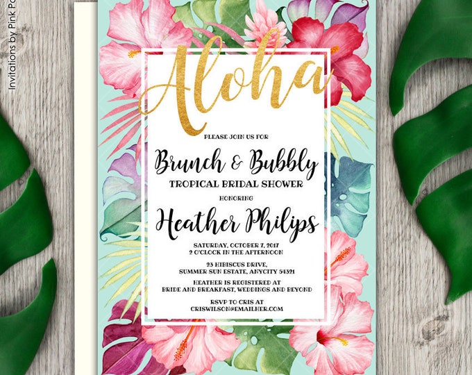 Tropical Floral Hibiscus Luau Bridal Shower Invitation, Hawaiian Bridal Shower, Aloha Bridal Shower Printable Invitation