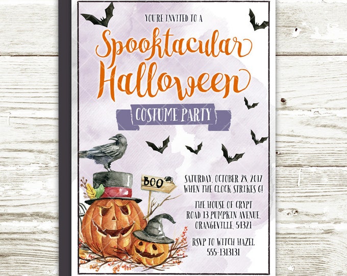 Spooktacular Halloween Costume Party Invitation, Watercolor Pumpkin Crow and Bats Spooktacular Halloween Party Printable Invitation