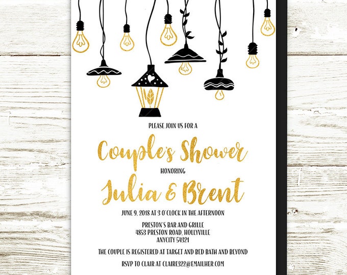 Couple's Shower Invitation, Engagement Party Invitation, Wedding Party Invitation, Black White Gold Lanterns String Lights Printable Invite