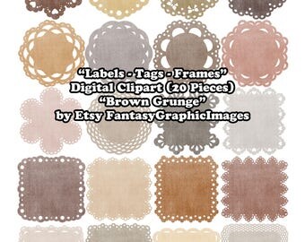 Label Digital Clip Art CU Brown Grunge Distressed 20 Tag Frame Matt Scalloped Lace DIY Clipart Embellishment Scrapbooking Instant Download