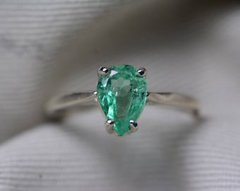 Emerald Ring, Colombian Emerald Solitaire Ring 1.10 Carats Certified At 900.00, Sterling Silver, Genuine Emerald Jewelry, Pear Cut