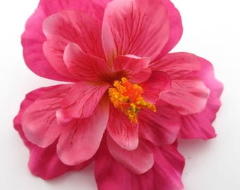 4.5" Variegated Fuchsia Pink Hibiscus Poly Silk Flower Hair Clip