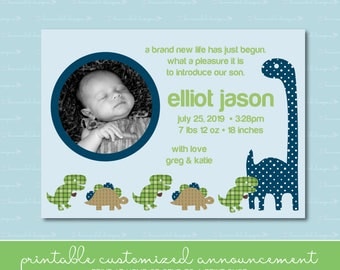 Baby Boy Dinosaurs Birth Announcement with Photo