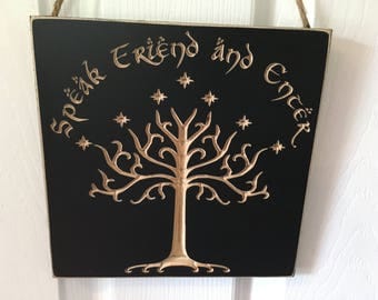 Engraved Door Hanger CNC Carved Sign - White Tree of Gondor - The Hobbit & Lord of the Rings - J.R.R. Tolkien - Speak Friend and Enter LOTR