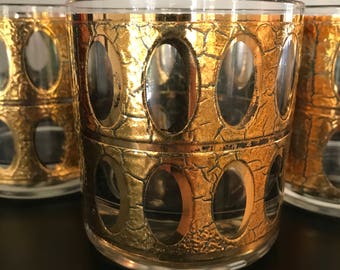 Instant Manliness! Vintage Culver Pisa Highball Glasses Gold 1960s Retro Barware Beautiful Condition