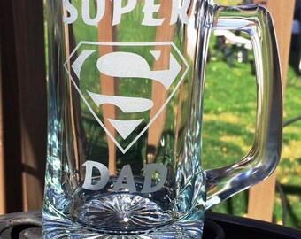 Etched Glass Beer Mug Super Dad Superman Logo Fathers Day gift Any Dad Papa