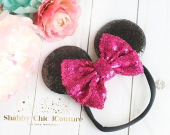 Mini Mouse Headband, Disney Headband, Hot Pink, Hot Pink Minnie Mouse, Pink and Black, Pink Minnie Mouse Ears, Sequins Bow, Disney, Sequins