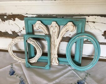Rustic Farmhouse 5 Piece Gallery Collection - 3 Open Frames, 1 Glass Backed & 1 Salvaged Chair Pediment - Distressed in Icy Blue and Cream