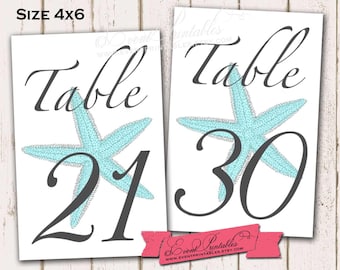 21 to 30 Printable Starfish Table Numbers, Aqua 4x6 Beach Wedding Table Numbers, INSTANT DOWNLOAD Digital File by Event Printables
