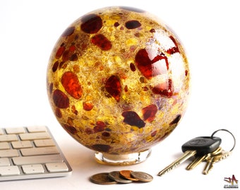 Hand Blown Glass Float - Earthy Amber with Ruby Dots
