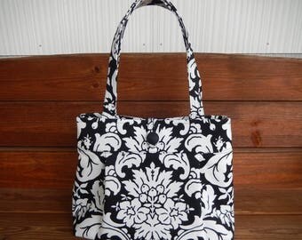 Handbag Purse Fabric Handbag Accessories Women Handbag Pleated Bag Large Shoulder Bag in Black White Damask Print