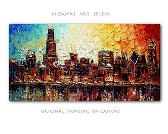 Oil Painting on canvas original Chicago Skyline heavy pallete knife texture art Signed by Paula Nizamas ready to hang