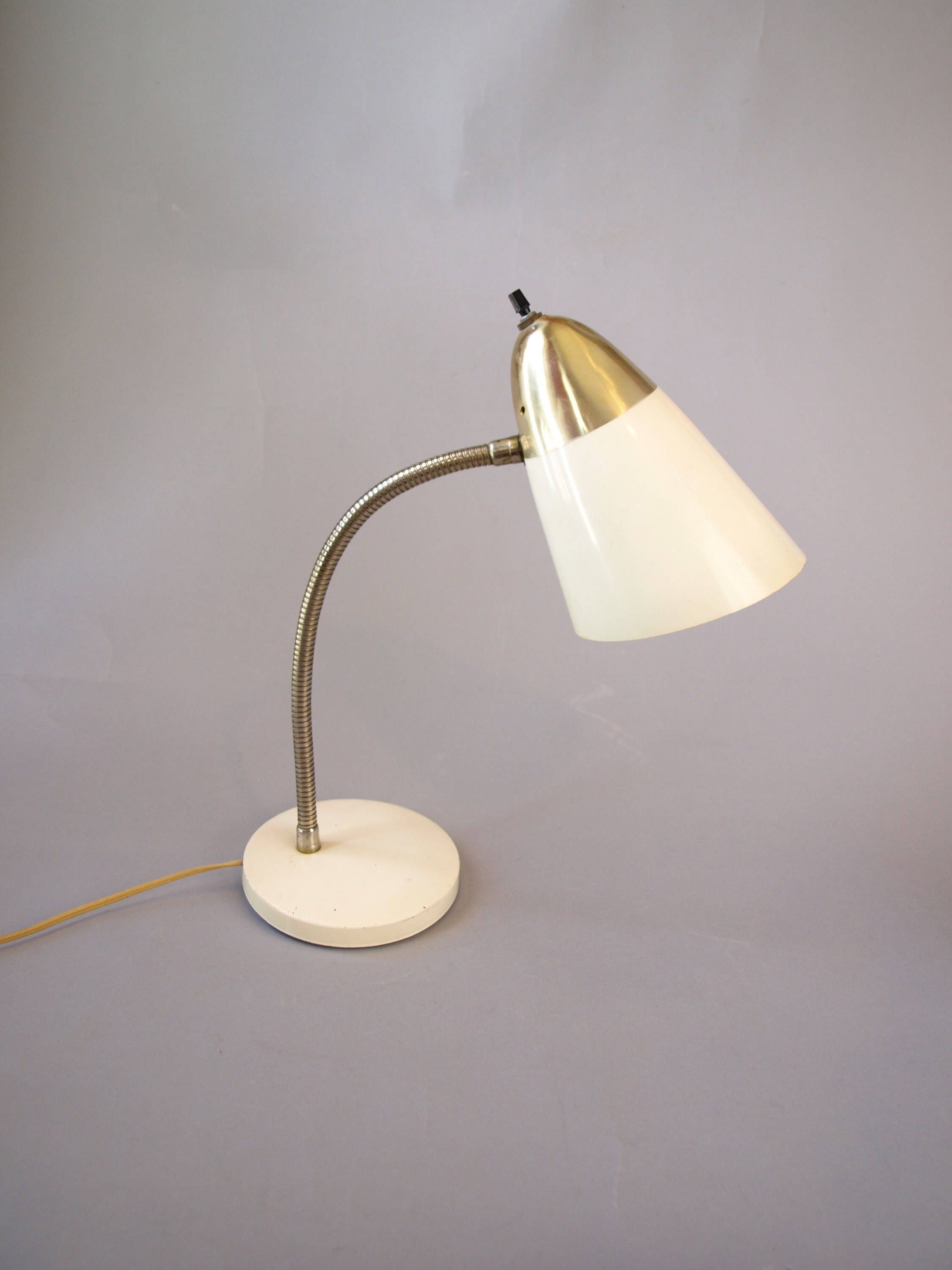 Vintage 50s Mid Century Modern White Gold Gooseneck Small Metal Vintage 50s Mid Century Modern White Gold Gooseneck Small Metal Table Desk Lamp Eames Era Mod