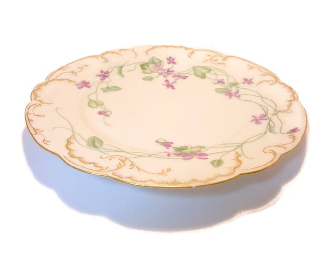 Haviland and Limoges dinner plate, H & L Co. France, 1888 to 1896, scalloped Clematis vine flower floral, gold trimmed edges and scallops