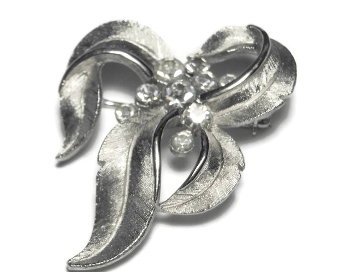 FREE SHIPPING Crown Trifari leaf brooch, silver leaf brooch with clear rhinestones, matte and glossy, finely detailed