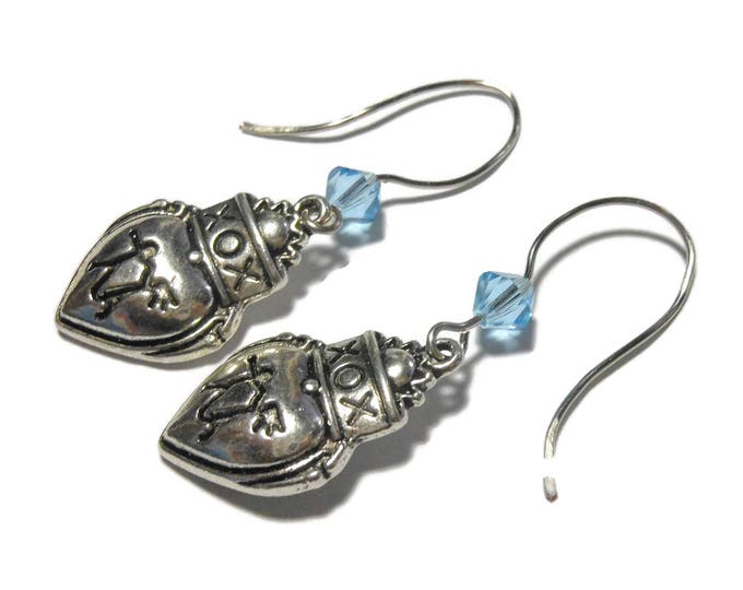 FREE SHIPPING Heart couple XO earrings, handmade wedding anniversary Valentine's Day, Swarovski blue crystal french hook pierced silver tone