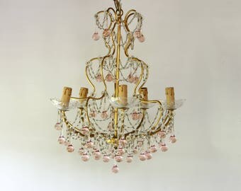 French Vintage Chandelier, Birdcage Style, Rose Pink Ball Drops.....Paris Apartment...Chateau Chic....Frou Frou