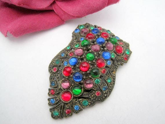 Art Deco Dress Clip - Multicolor Rhinestone - Glass Cabachon Pin