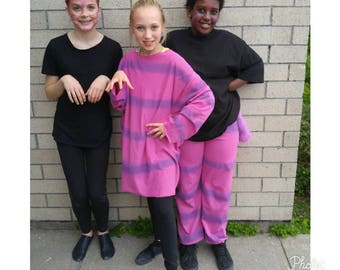Upcycled Steampunk Clothing, Cheshire Cat Costume, Pink and Purple Striped Costume Shirt, Pants, Ears & Tail Alice in Wonderland, Youth Size